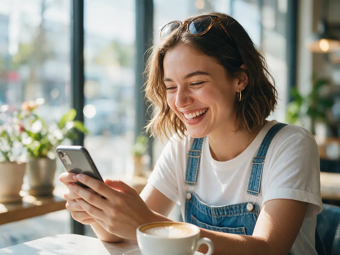 Eine junge Frau lacht am Café-Fenster auf ihr Smartphone (KI-generierte Illustration)