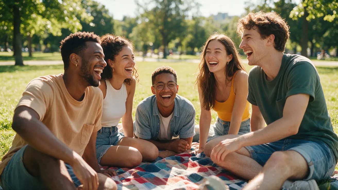 Fünf junge Leute sitzen lachend auf einer Picknickdecke im Park (KI-generierte Illustration)