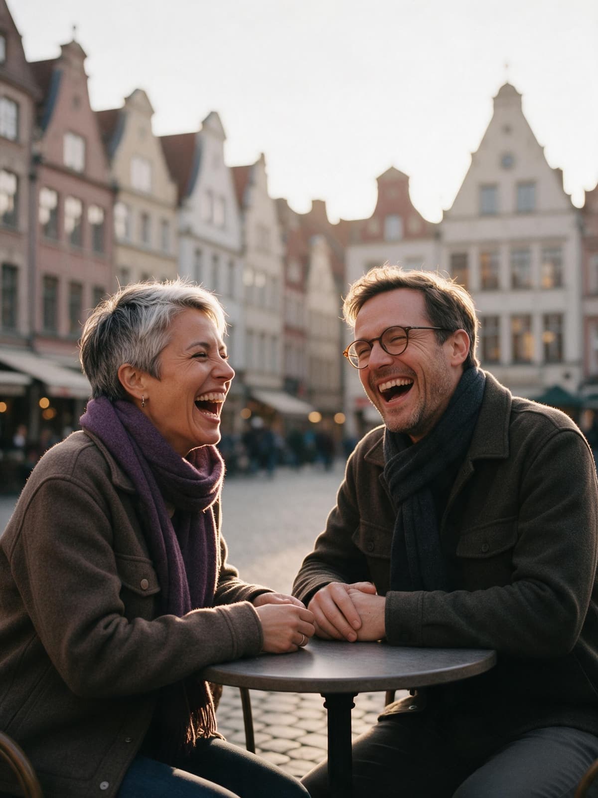 Zwei Menschen lachen an einem Café-Tisch auf einem Altstadtplatz mit Giebelhäusern (KI-generierte Illustration)