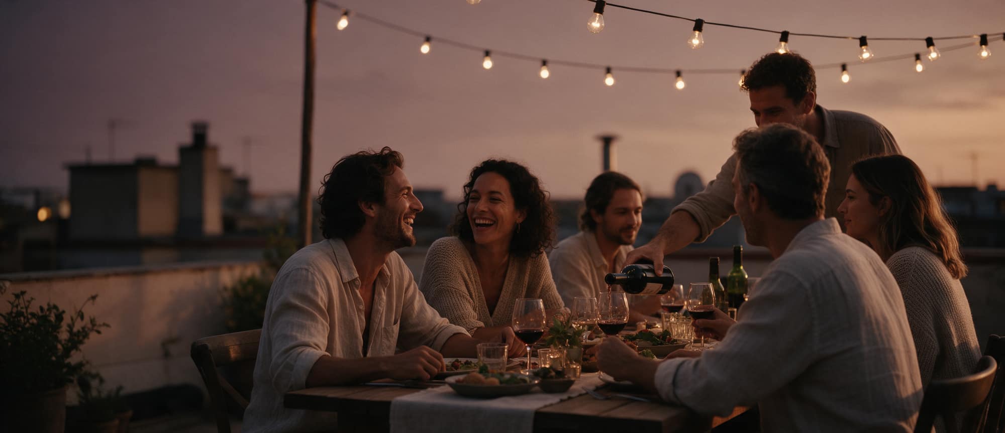 Freunde beim gemeinsamen Abendessen auf einer Dachterrasse (KI-generierte Illustration)