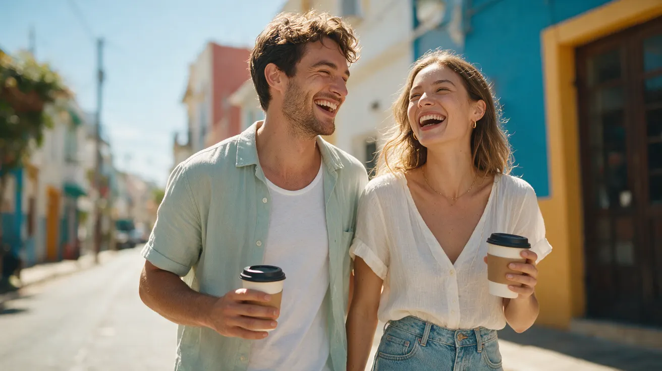 Ein junges Paar geht lachend mit Kaffeebechern durch eine sonnige Straße (KI-generierte Illustration)