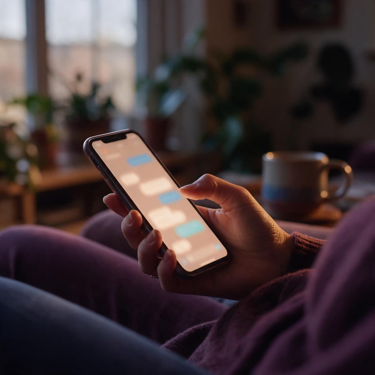 Eine Hand hält ein Smartphone mit unscharfen Chat-Blasen in einem gemütlichen Wohnzimmer (KI-generierte Illustration)
